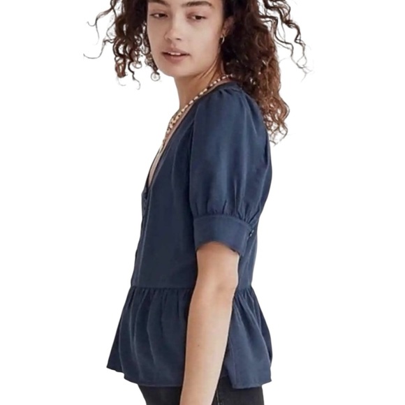 Madewell Navy Peplum Button Front Puff Sleeve Blouse Size M Viscose Top - Picture 2 of 7
